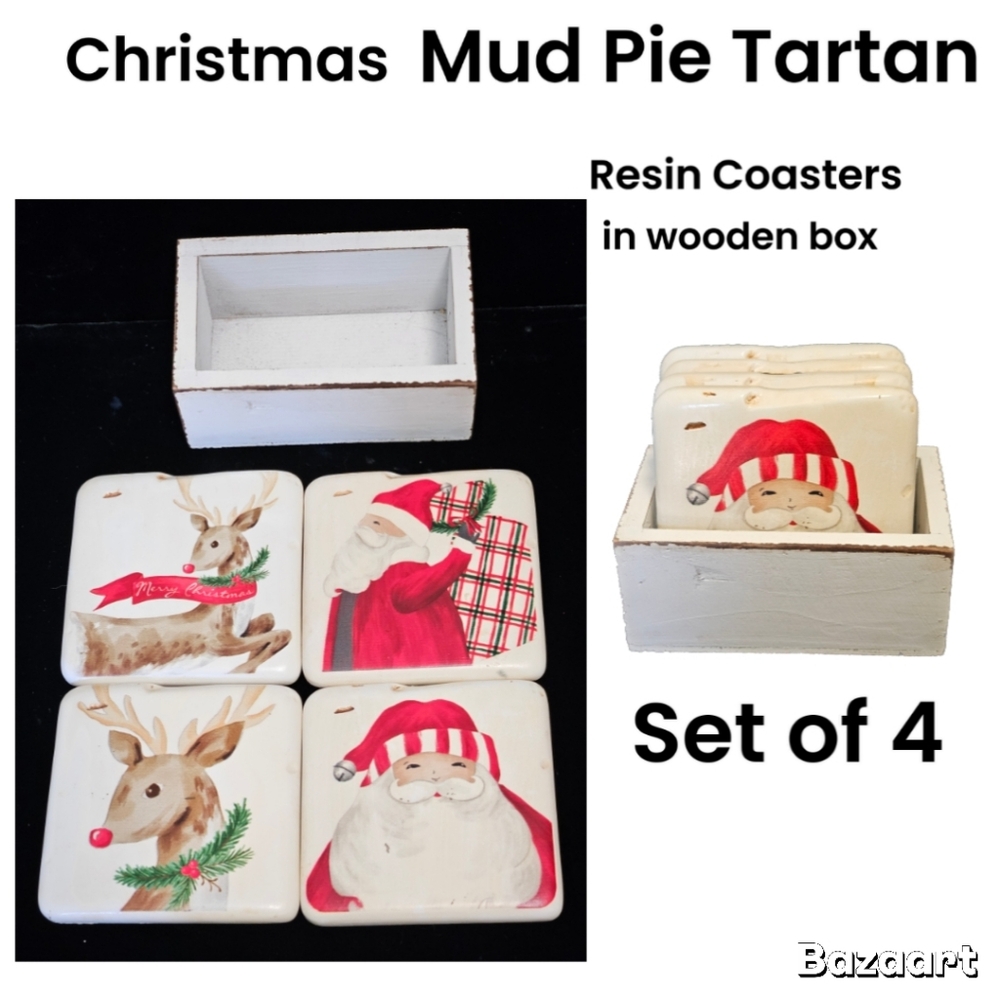 Christmas MudPie Tartan Resin Coasters Set Of 4 With Wooden Box